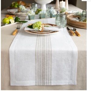 Solino Home 100% Linen Farmhouse Table Runner. 14”x132”. White with natural. New